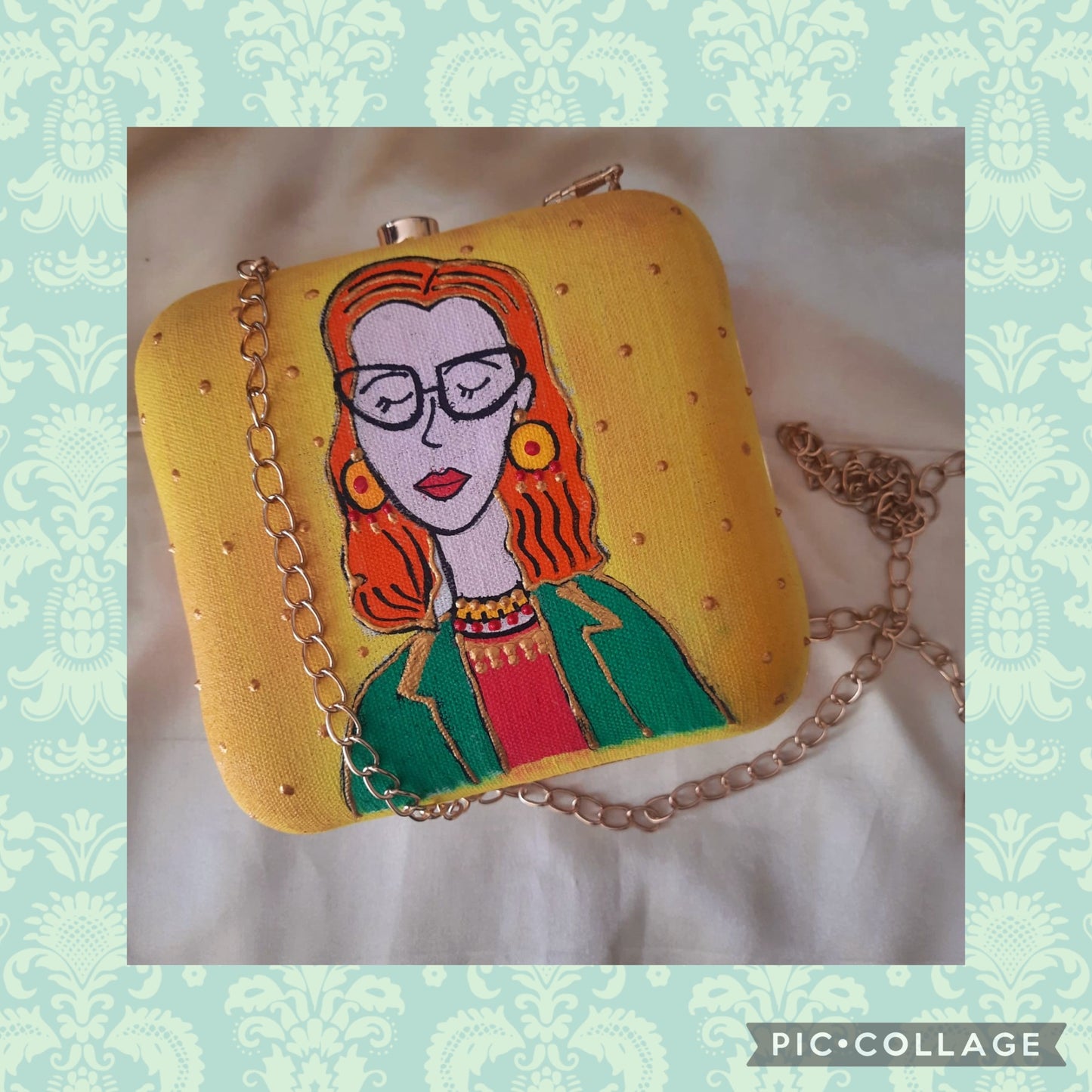 woman with spectacles clutch bag
