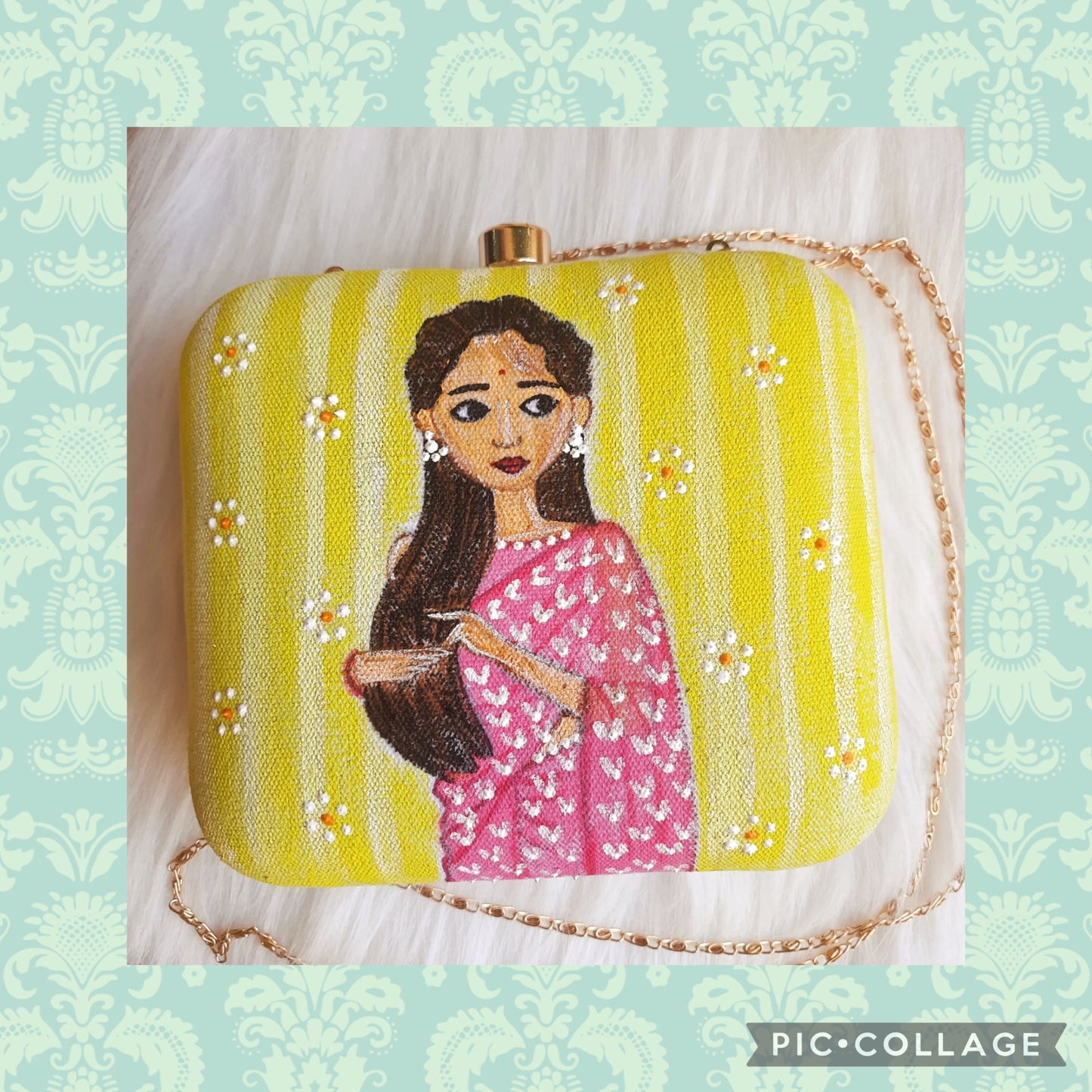 woman in pink saree clutch bag