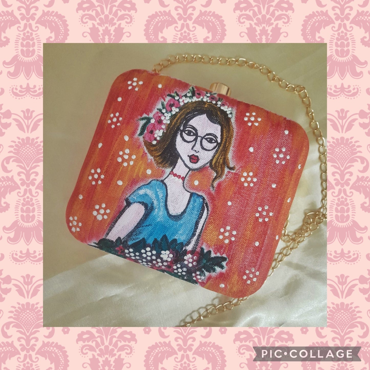 woman with flowers clutch bag