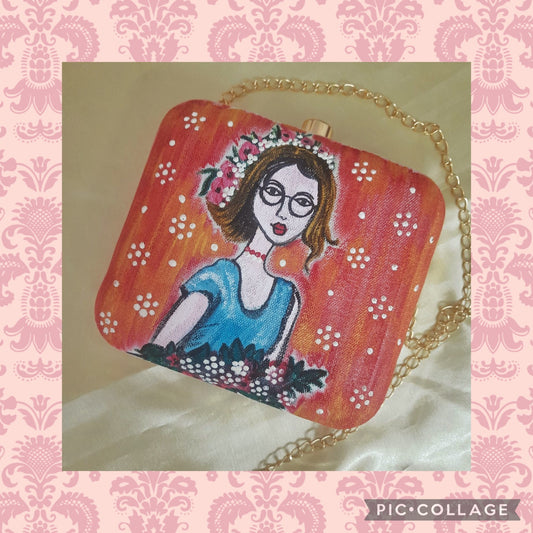 woman with flowers clutch bag