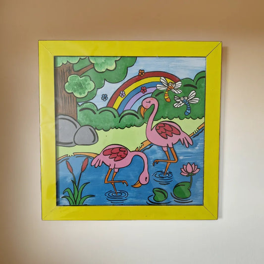 flamingo painting with yellow frame